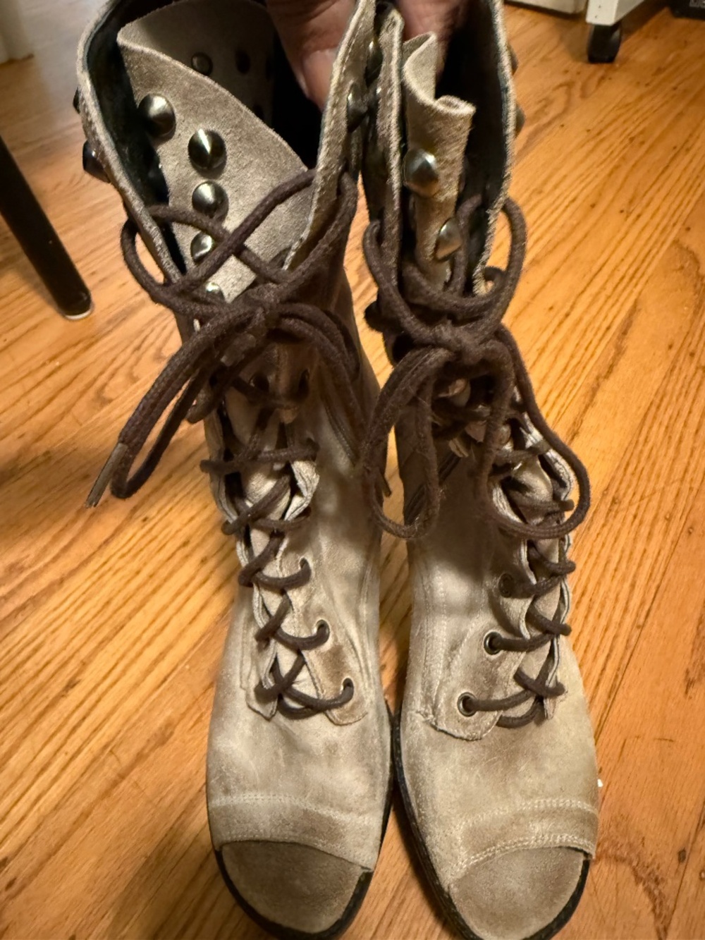 Donald J Pliner Gray Suede Studded Lace-Up Peep Toe Booties